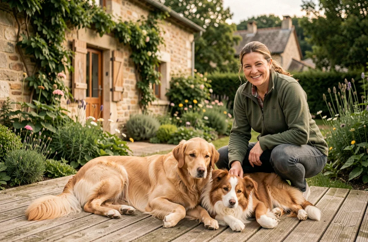 Pension canine Les Terres d'Azade à Chatillon-sur-Chalaronne, avec une soignante et deux chiens se reposant sur une terrasse en bois devant une ferme en pierre