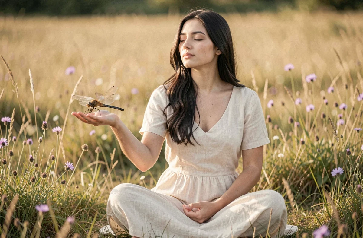 Femme en méditation dans une prairie avec une libellule posée sur sa main, évoquant un message de l'ange gardien