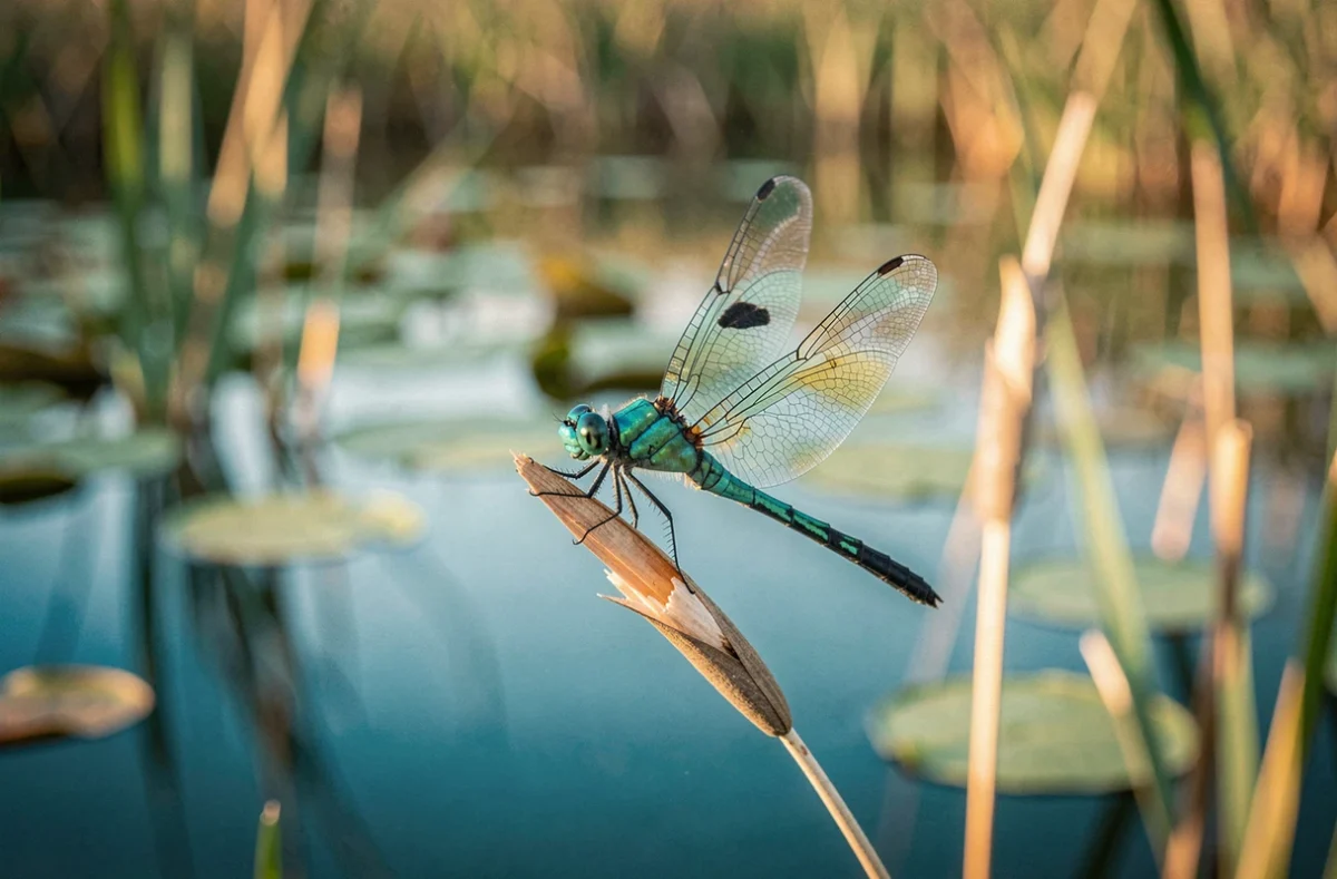 Libellule bleu-vert posée sur un roseau au bord d'un étang, symbolisant un message angélique de transformation spirituelle
