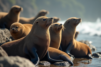 Lions de mer sur rochers en plein soleil