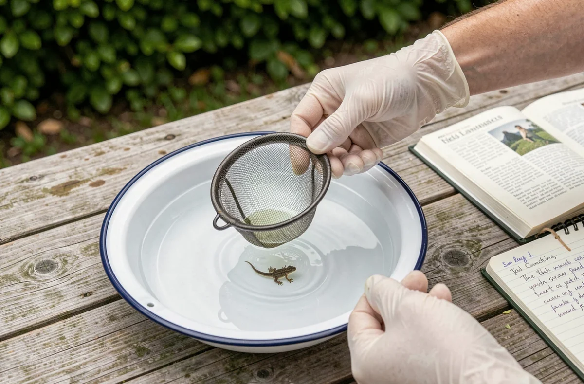 Mains gantées ramassant un têtard avec une épuisette dans un bac de collecte sur une table en bois de jardin