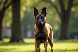 Malinois belge de pure race en plein air dans un parc verdoyant, robe fauve et noire bien définie, posture alerte et oreilles dressées