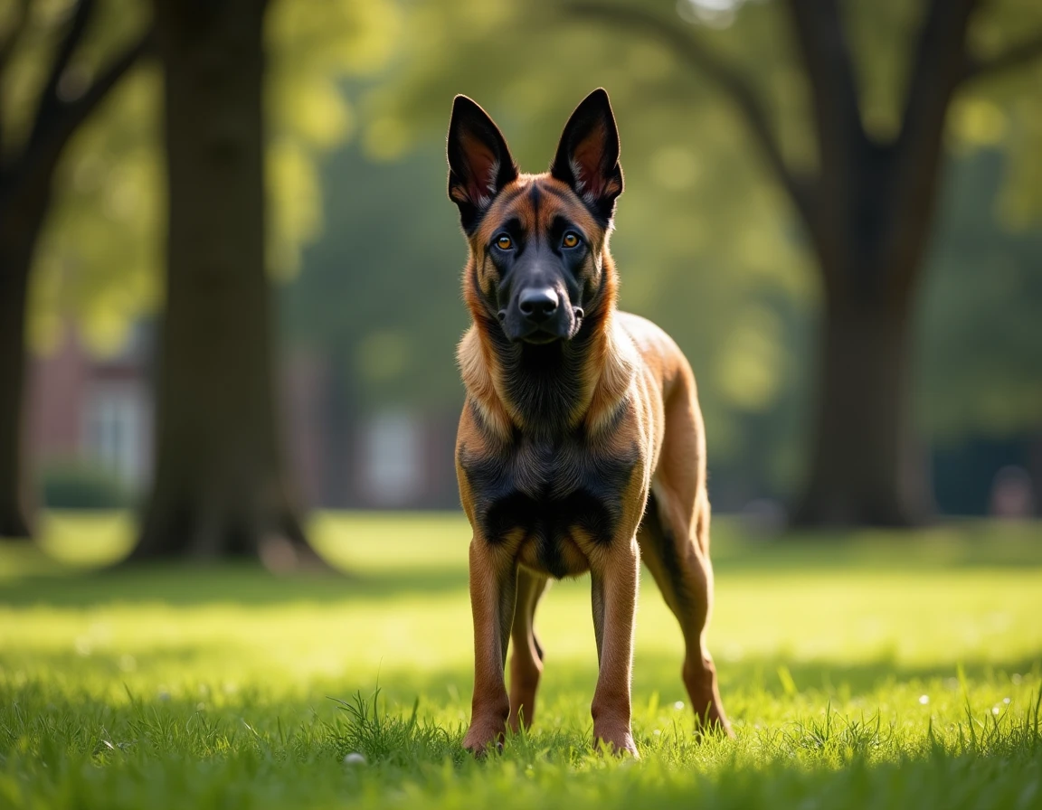 Malinois belge de pure race en plein air dans un parc verdoyant, robe fauve et noire bien définie, posture alerte et oreilles dressées
