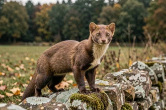 Une martre des pins sauvage perchée sur un mur de pierre moussu en campagne française, regardant au loin avec un regard alerte