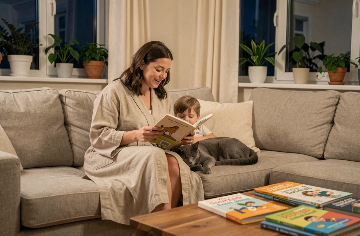 Mère lisant un livre illustré à son enfant avec un chat gris blotti entre eux sur le canapé le soir