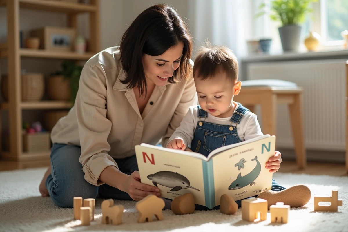 Mère et enfant en bas âge regardant ensemble un livre illustré sur les animaux commençant par la lettre N