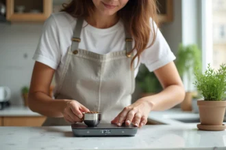 Femme mesurant des croquettes pour chat stérilisé sur une balance de cuisine numérique