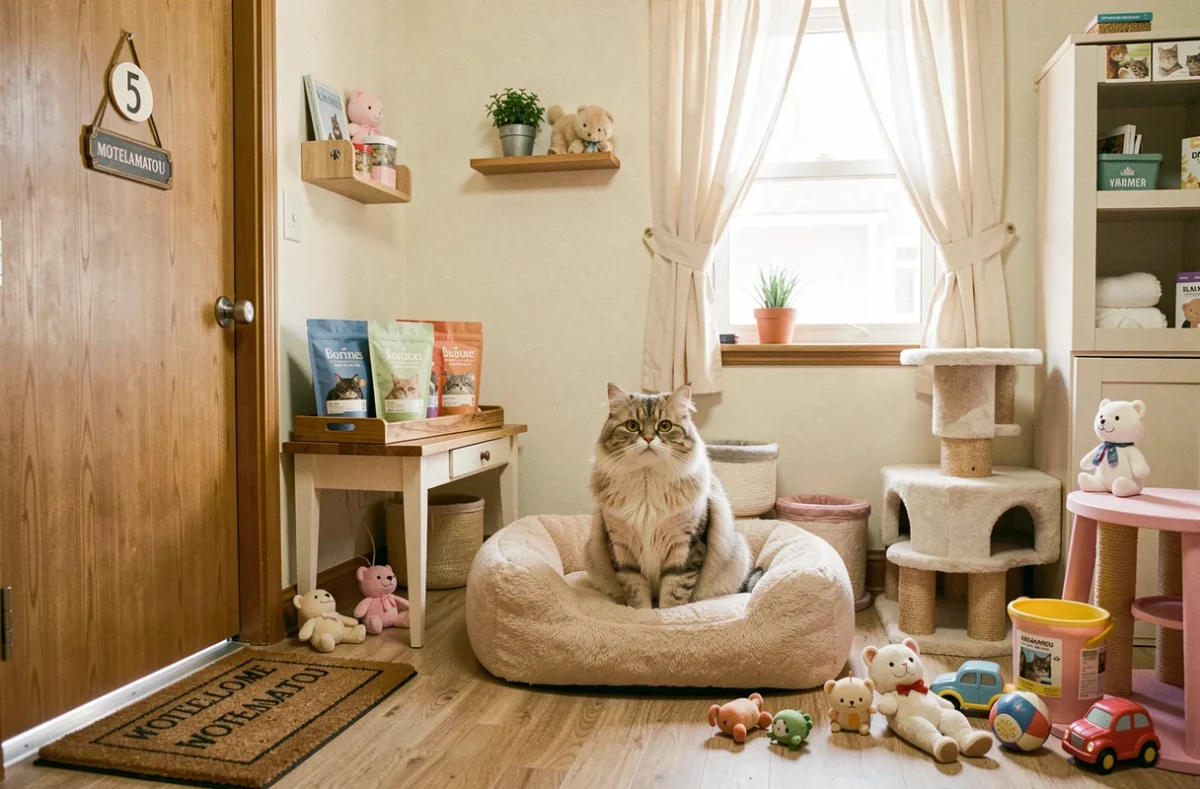 Un chat persan trônant sur le lit douillet de sa suite tout compris à la pension Motelamatou, avec un plateau de nourritures gourmandes, jouets et accessoires disposés dans un espace chaleureux inspiré d'un motel