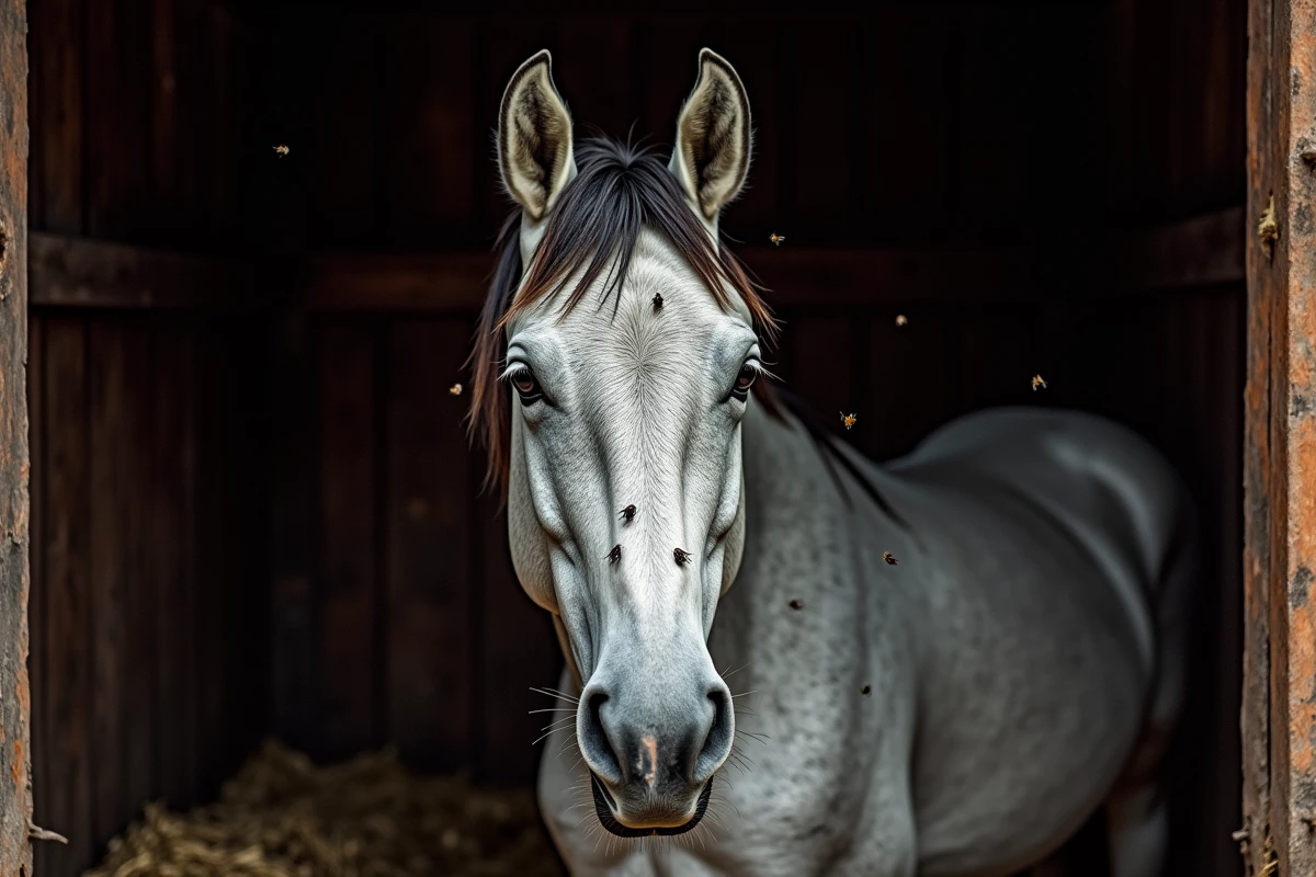Cheval gris en box mal entretenu avec accumulation de mouches autour des yeux et des naseaux