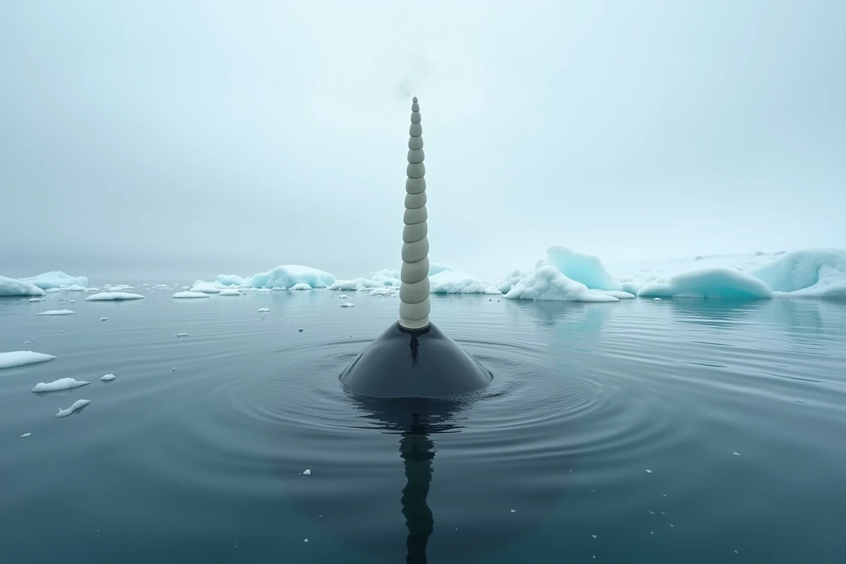 Narval (Monodon monoceros) faisant surface dans les eaux arctiques du Canada, licorne des mers aux longues défenses spiralées
