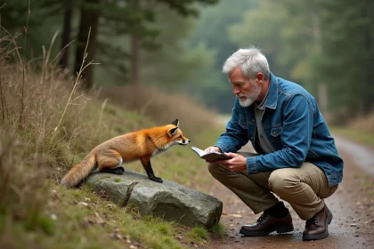 Naturaliste observant une déjection de renard en forêt