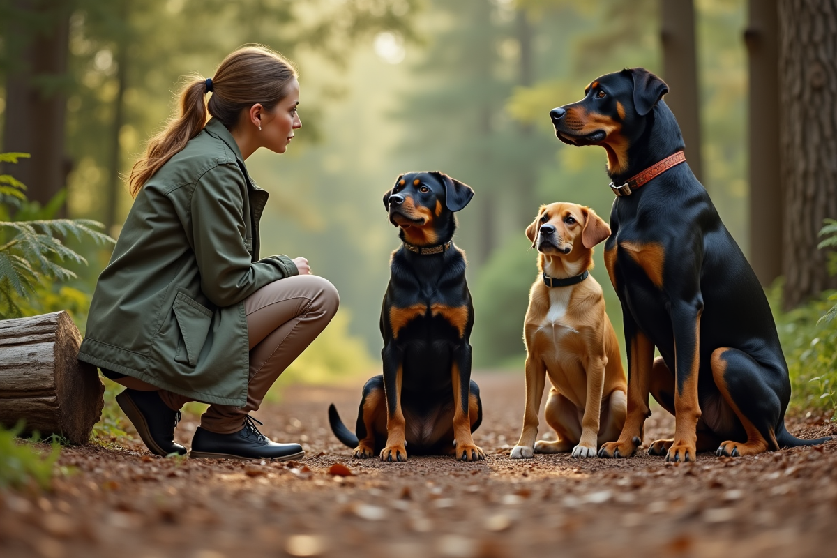 Femelle observant groupe de chiens en forêt