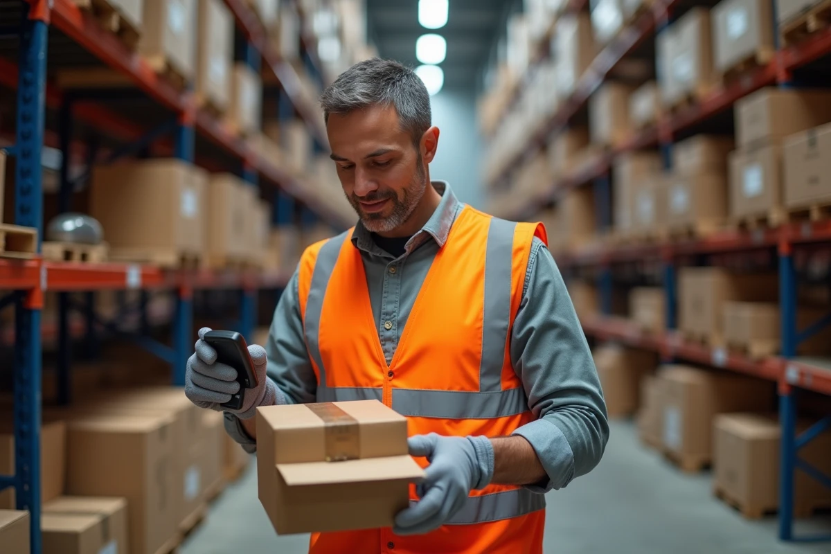 Ouvrier scannant une étiquette RFID dans un entrepôt, illustrant la technologie de traçabilité et de localisation RFID