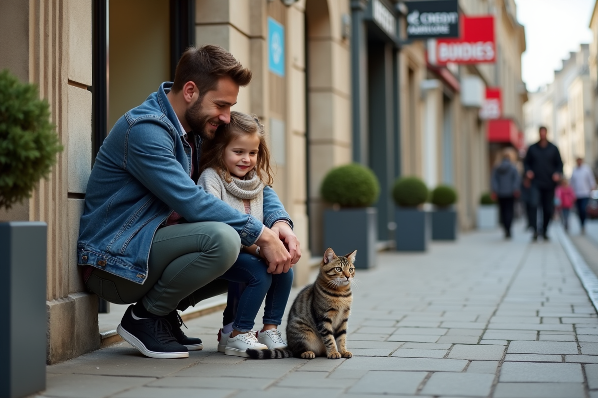 Père jeune avec fille et chat sur un trottoir parisien