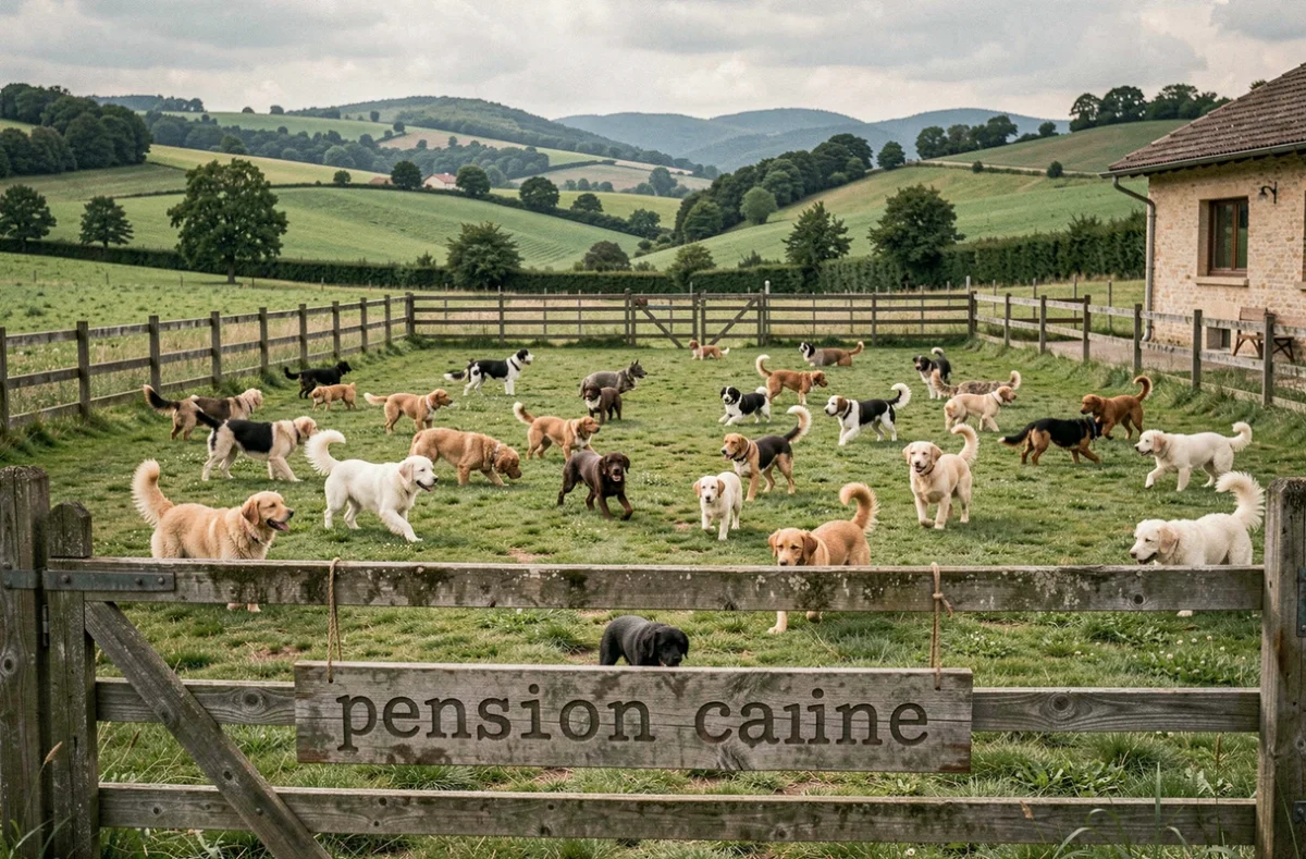 Vue panoramique d'une pension canine en Auvergne-Rhône-Alpes avec plusieurs chiens jouant dans un grand enclos verdoyant entouré de collines