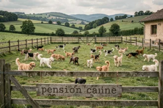 Vue panoramique d'une pension canine en Auvergne-Rhône-Alpes avec plusieurs chiens jouant dans un grand enclos verdoyant entouré de collines