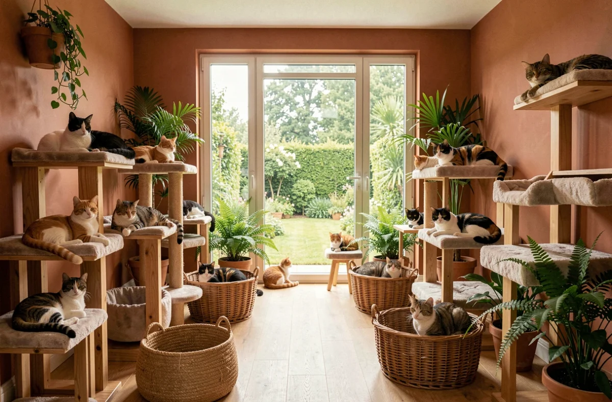 Vue d'ensemble d'une pension pour chats en Île-de-France avec plusieurs félins installés sur des structures en bois et coussins moelleux dans une salle lumineuse et verdoyante