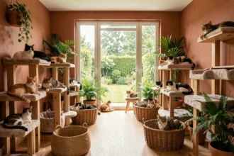 Vue d'ensemble d'une pension pour chats en Île-de-France avec plusieurs félins installés sur des structures en bois et coussins moelleux dans une salle lumineuse et verdoyante