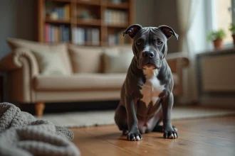 Pocket American Bully au pelage bleu brindle assis dans un salon, expression calme et attentive