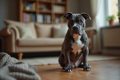 Pocket American Bully au pelage bleu brindle assis dans un salon, expression calme et attentive