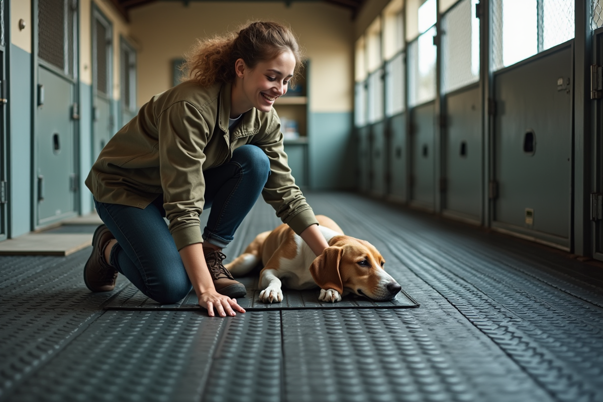 Femme posant des tapis en caoutchouc dans un chenil intérieur