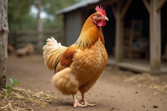 Poule Brahma buff aux pattes emplumées dans une basse-cour rustique avec clôture en bois