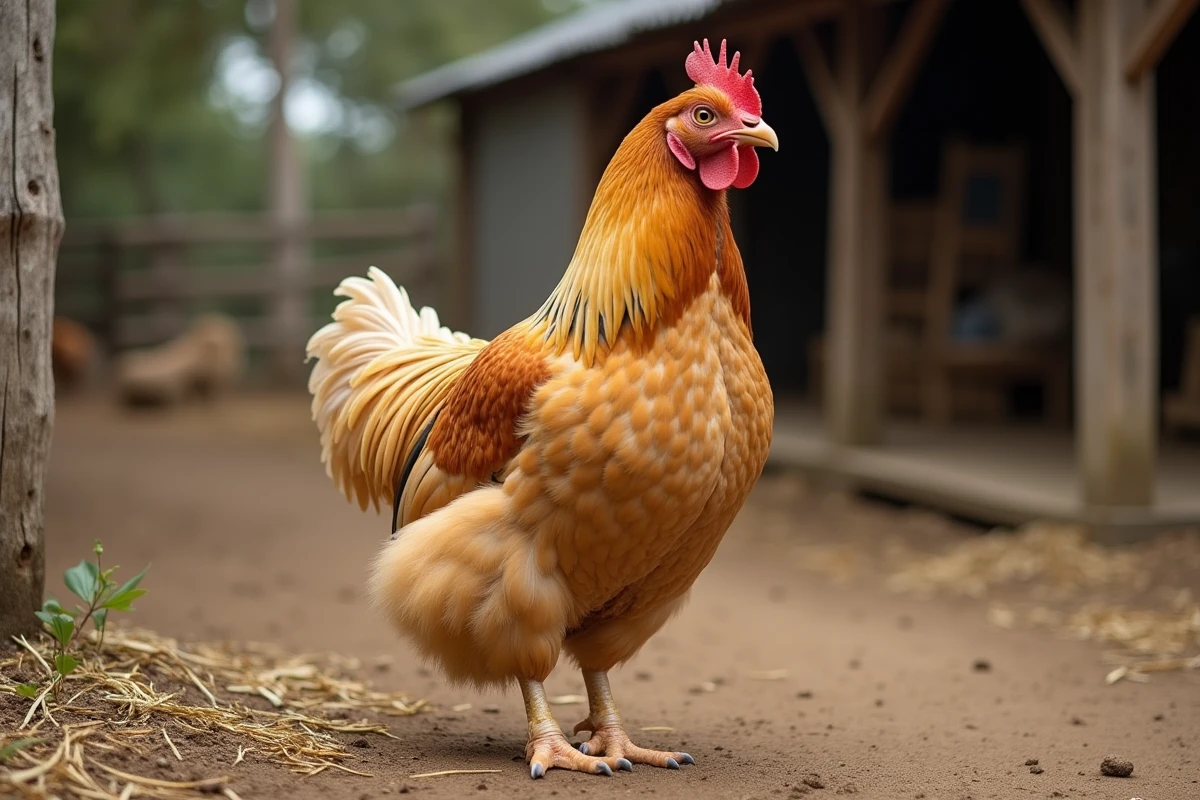 Poule Brahma buff aux pattes emplumées dans une basse-cour rustique avec clôture en bois