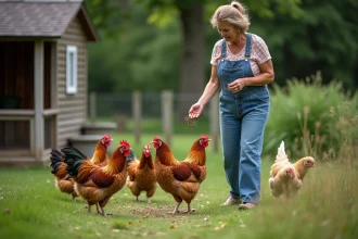 Femme en salopette en denim nourrissant des poules dans un jardin