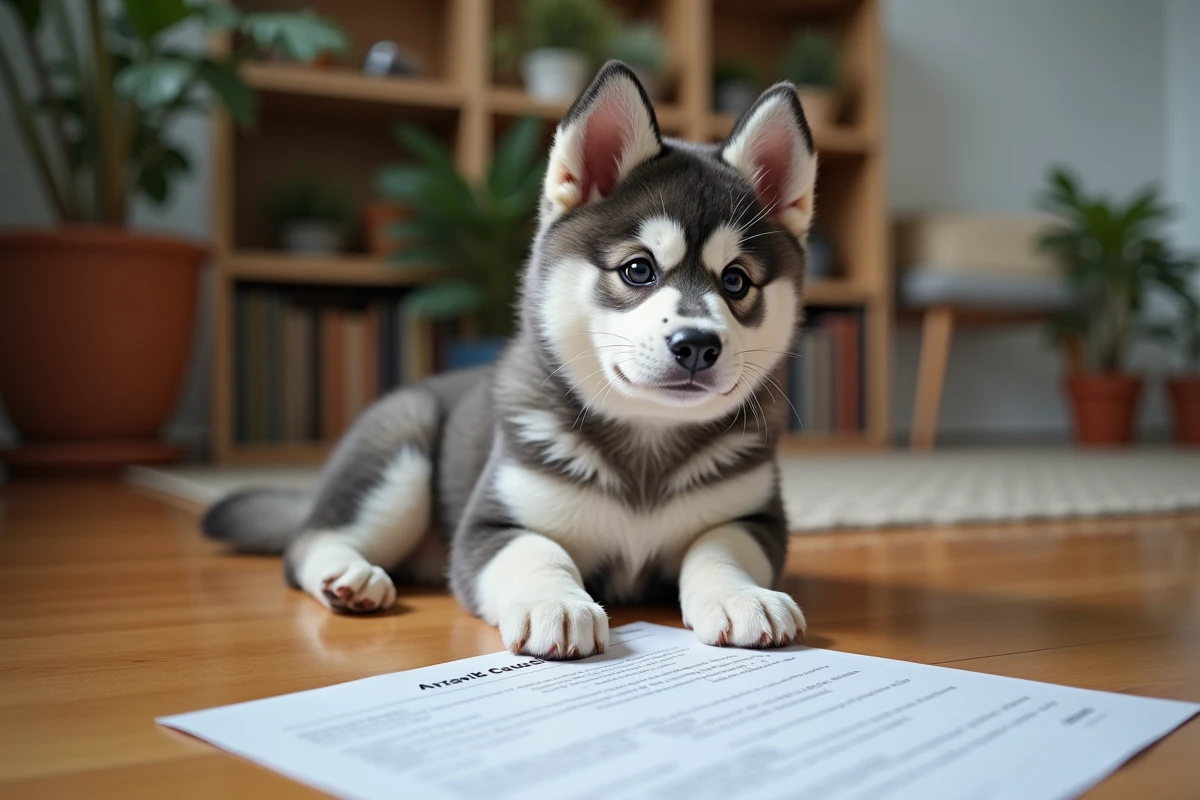Chiot Akita Inu bleu brindle avec documents de pedigree en intérieur