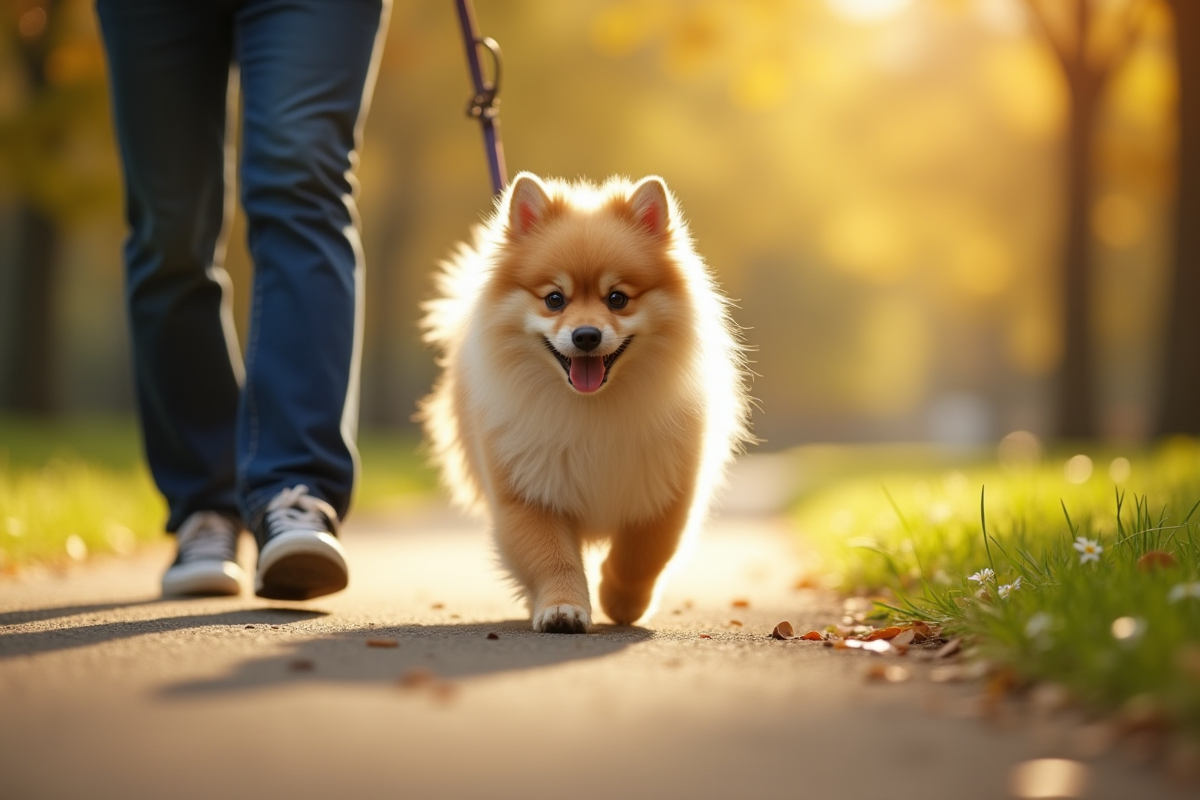 Jeune chien spitz et son propriétaire en promenade dans un parc ensoleille