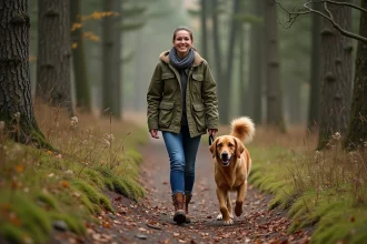 Femme souriante en forêt avec son chien retriever