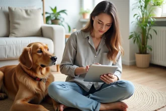 Femme propriétaire d'animal lisant des avis sur AnimalCenter sur une tablette avec son golden retriever