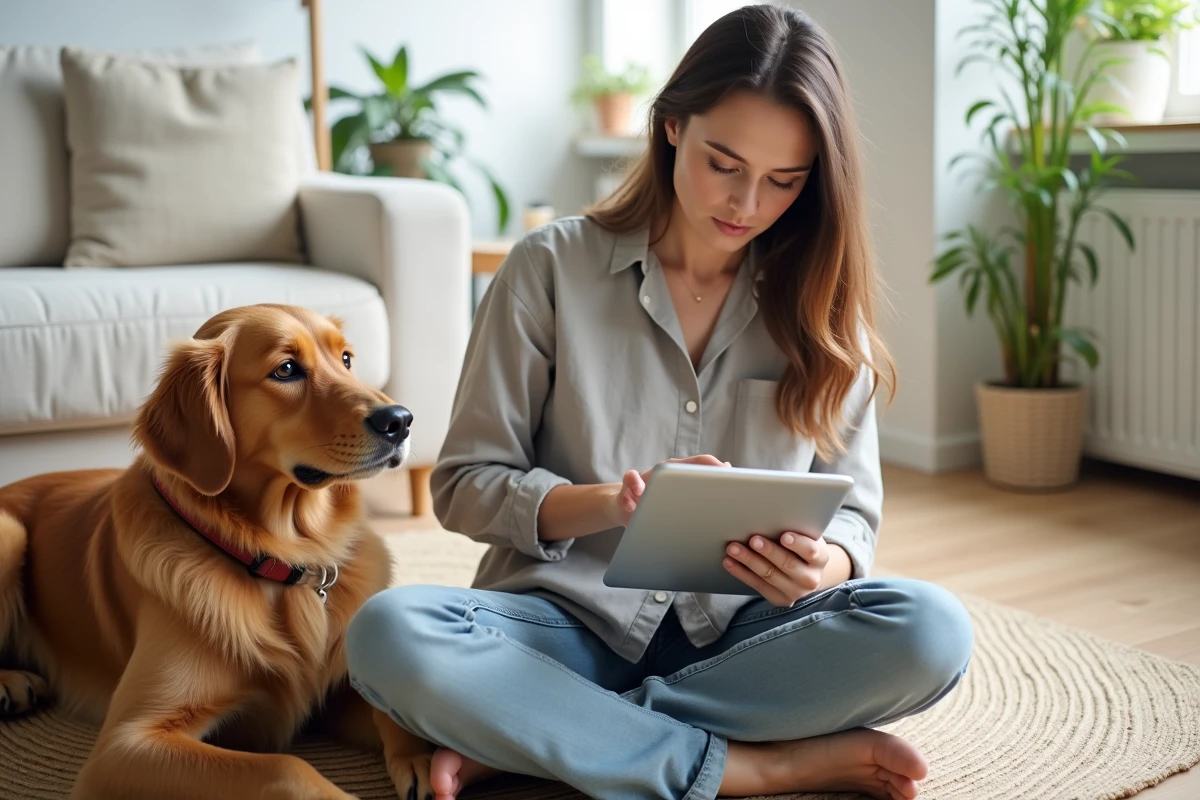 Femme propriétaire d'animal lisant des avis sur AnimalCenter sur une tablette avec son golden retriever