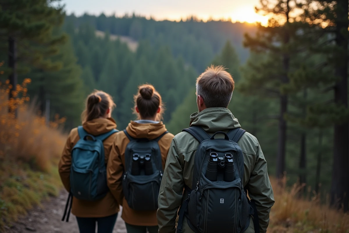 Groupe de randonneurs observant le brame du cerf en forêt au crépuscule dans une réserve naturelle française