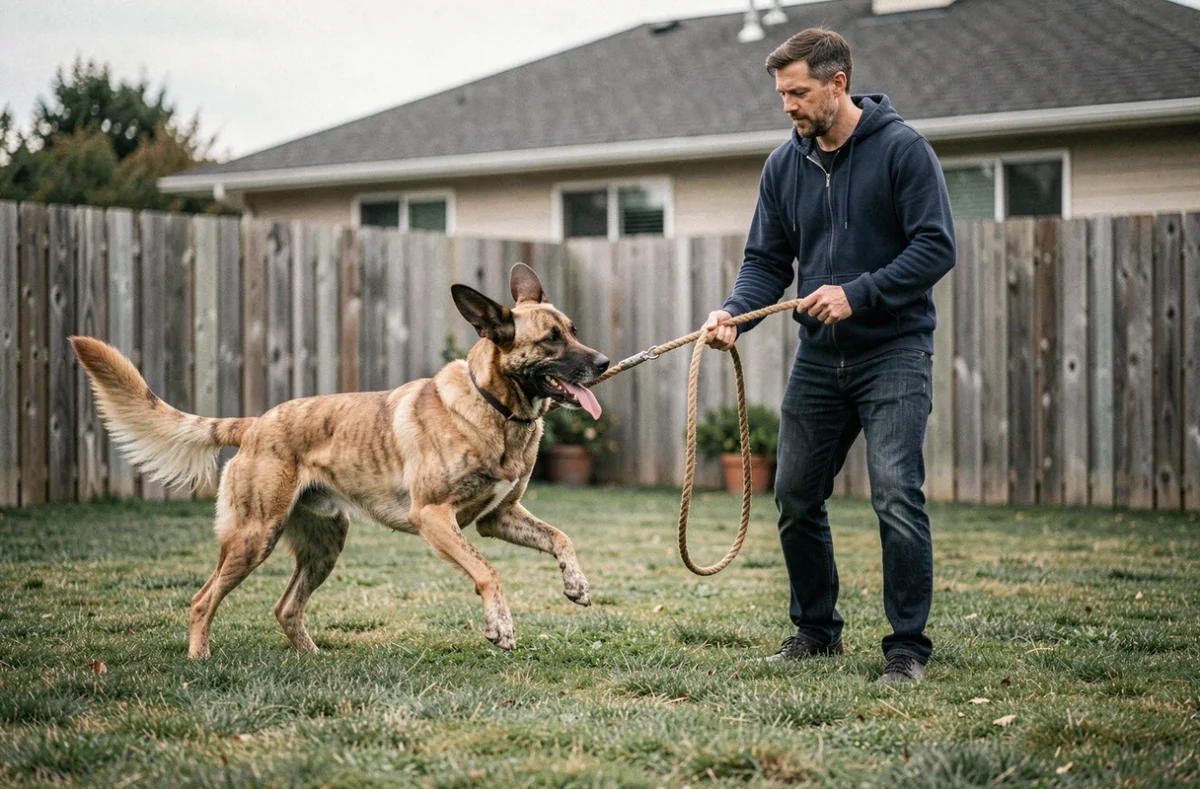 Homme rappelant son chien croisé Labrador Malinois en mouvement dans un jardin lors d'un exercice d'obéissance