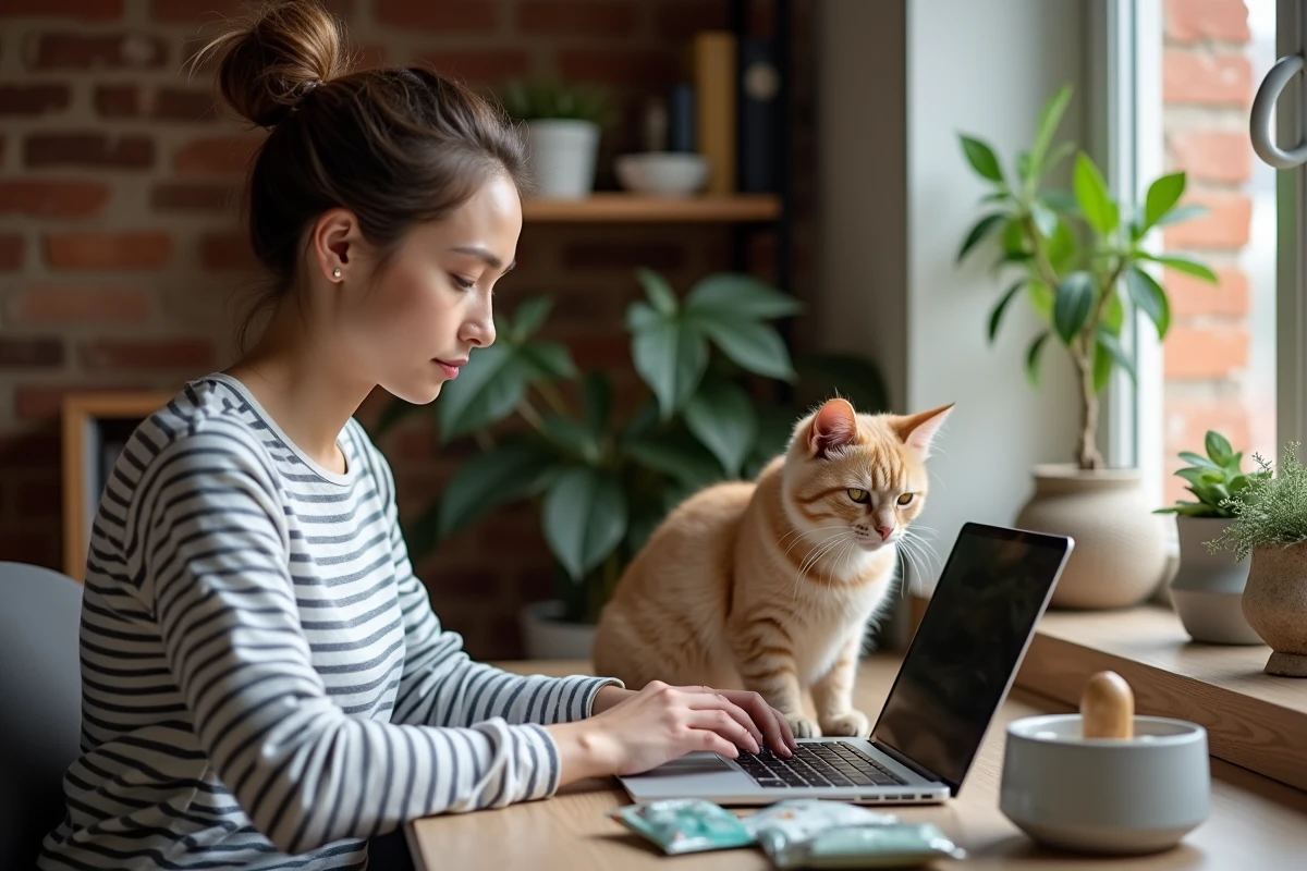 Femme rédigeant un avis produit pour animaux sur un ordinateur avec son chat Maine Coon sur le bureau
