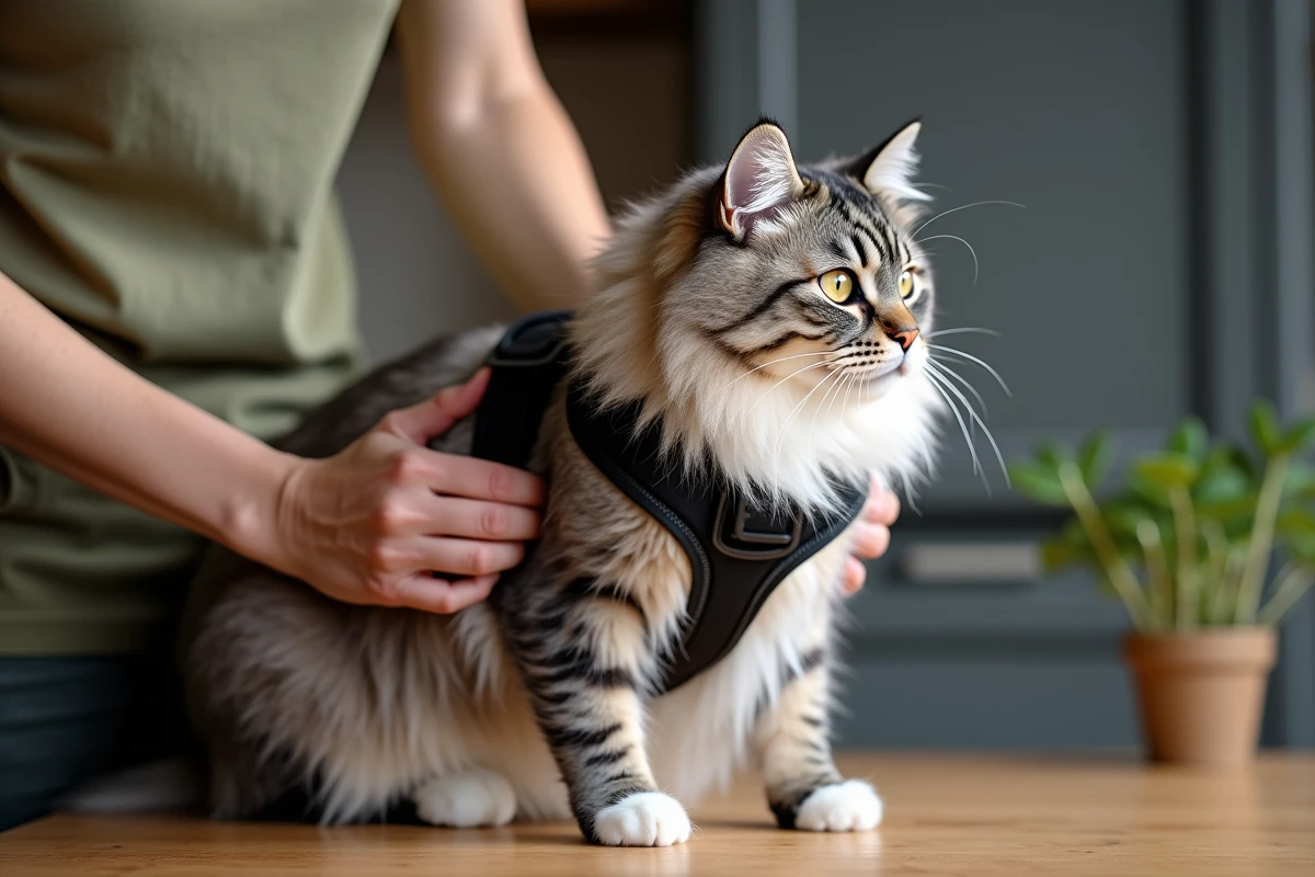 Mains réglant le harnais anti-évasion sur un grand Maine Coon posé sur une table en bois