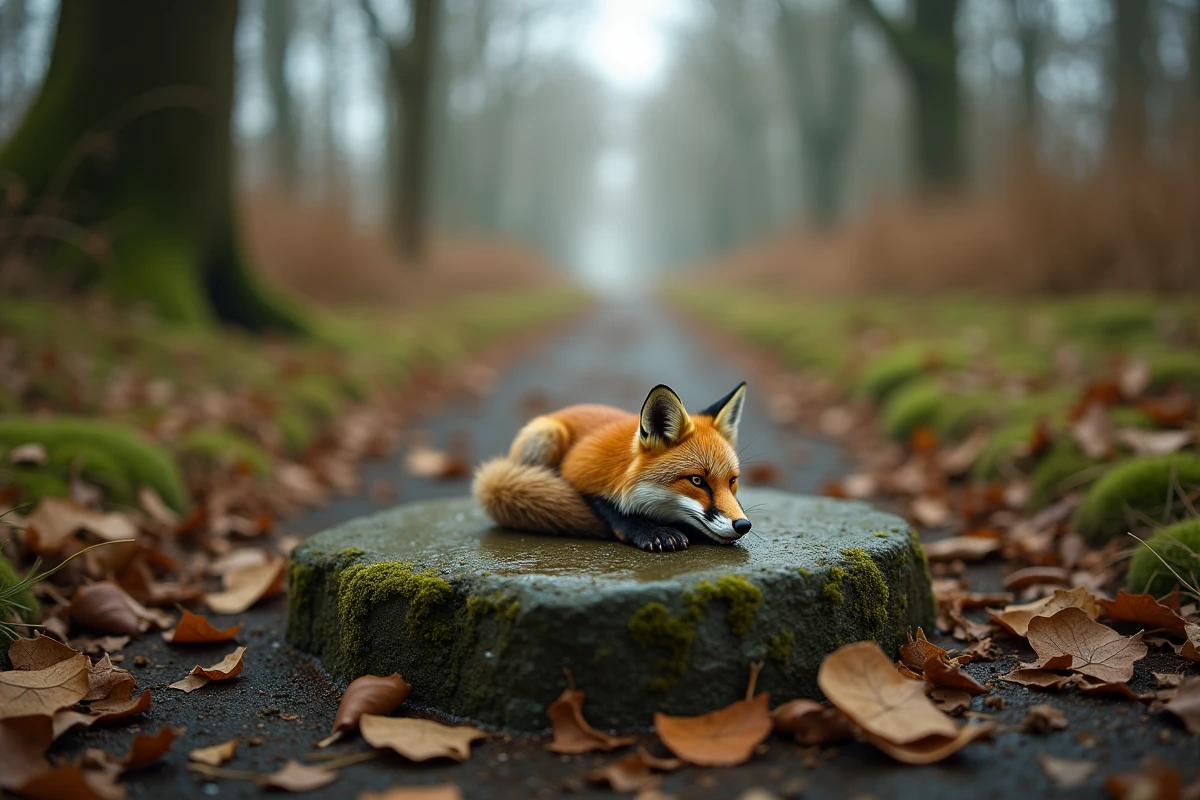 Zoom sur une déjection de renard sur une pierre mousseuse