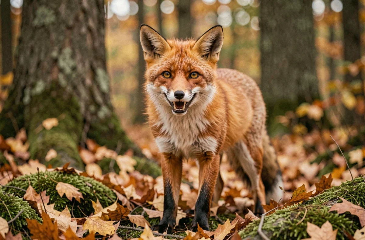 Renard roux en train de crier dans une forêt automnale, bouche ouverte, fourrure détaillée, vue au ras du sol