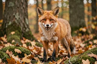 Renard roux en train de crier dans une forêt automnale, bouche ouverte, fourrure détaillée, vue au ras du sol