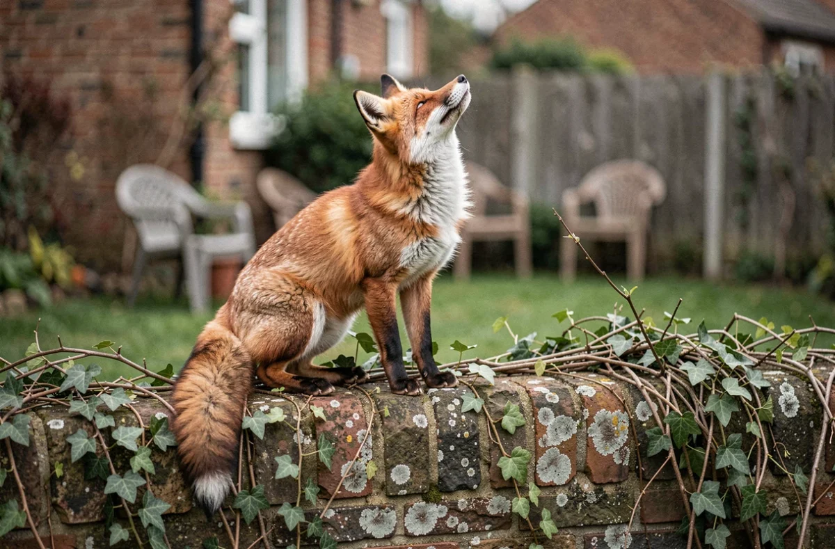 Renard urbain en train de pousser un cri sur un vieux mur de pierre dans un jardin de banlieue