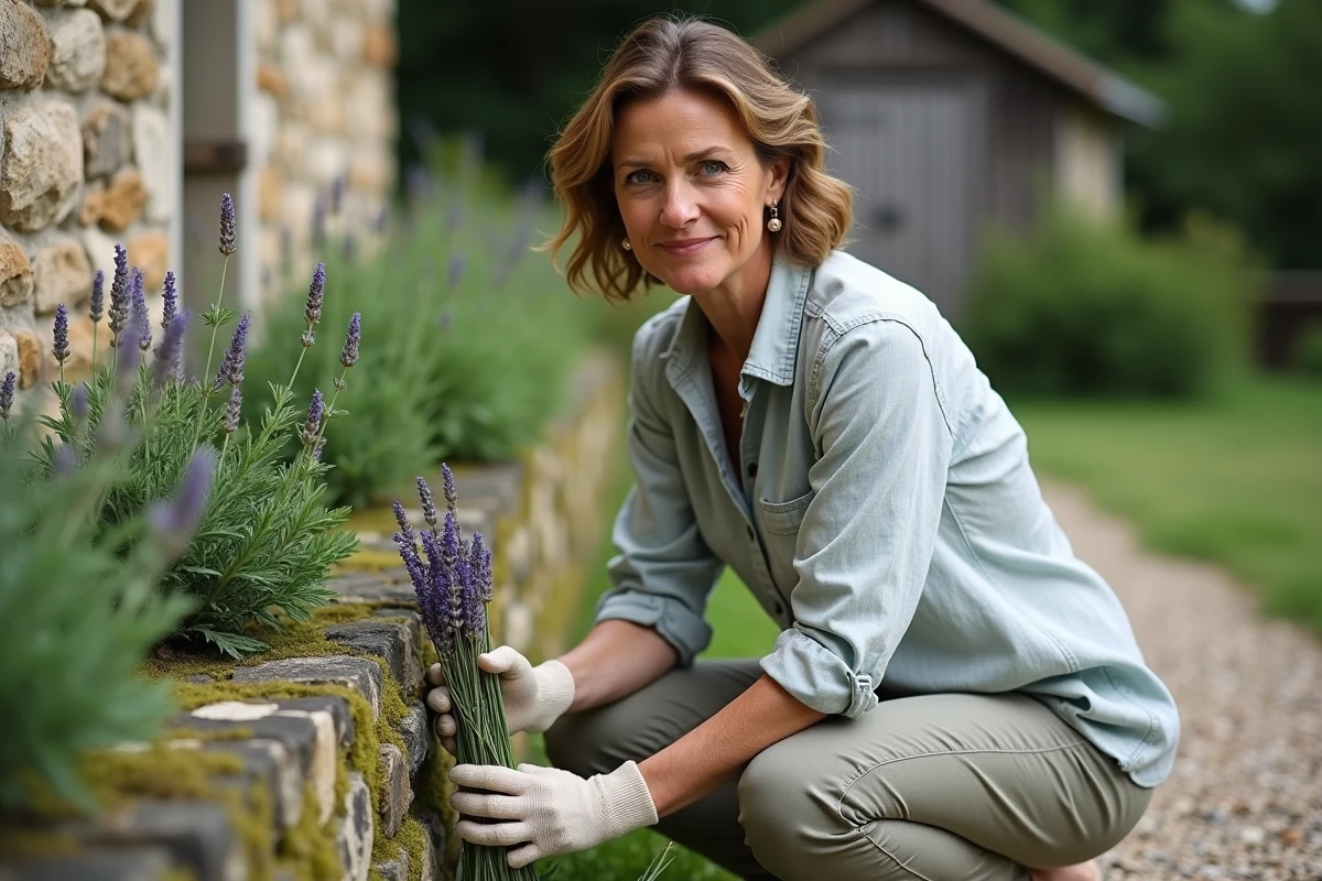 Femme utilisant des répulsifs naturels comme la lavande pour éloigner les fouines de sa maison
