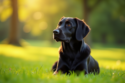 Retriever noir assis dans un parc ensoleille avec flou d'arrière plan