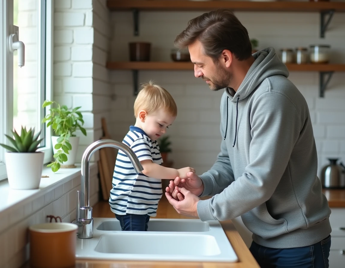 Parent rinçant soigneusement la main d'un enfant sous l'eau courante après une morsure d'orvet dans une cuisine moderne