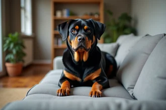 Rottweiler adulte assis calmement sur un canapé gris dans un appartement moderne, illustrant la cohabitation en milieu urbain