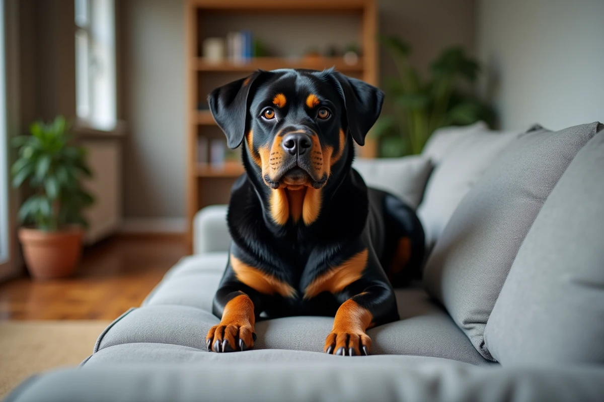 Rottweiler adulte assis calmement sur un canapé gris dans un appartement moderne, illustrant la cohabitation en milieu urbain