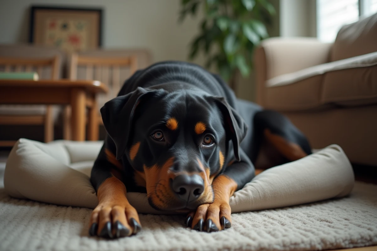 Rottweiler allongé sur son coussin dans un petit appartement, illustrant les défis de l'espace pour un grand chien molosse en milieu urbain