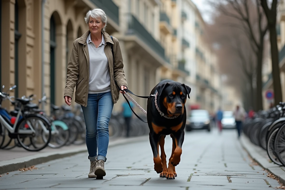 Femme promenant un Rottweiler en laisse sur un trottoir urbain, montrant l'importance des sorties quotidiennes pour ce chien en appartement