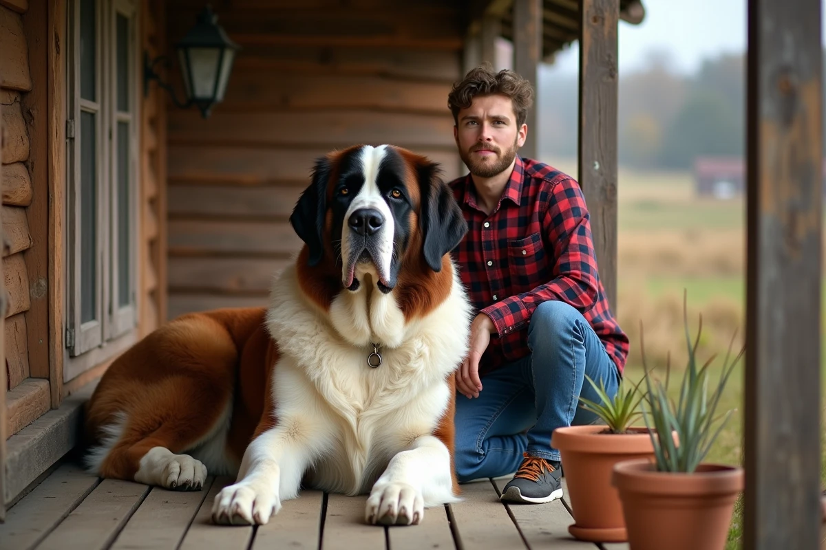 Saint-Bernard massif assis sur le porche d'une ferme aux côtés de son maître, mettant en valeur la stature imposante de cette grande race de chien