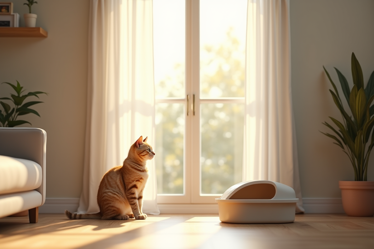 Salon moderne avec chat et litiere propre lumineux